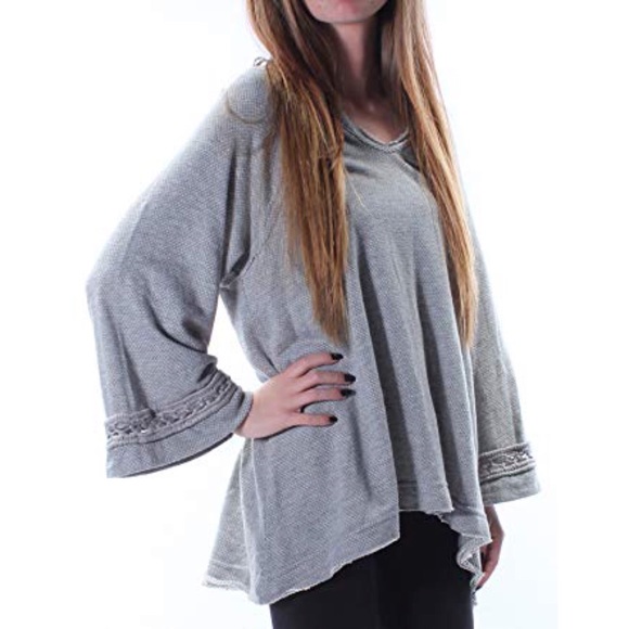 Free People split neck bell sleeve gray sweater - Picture 2 of 7
